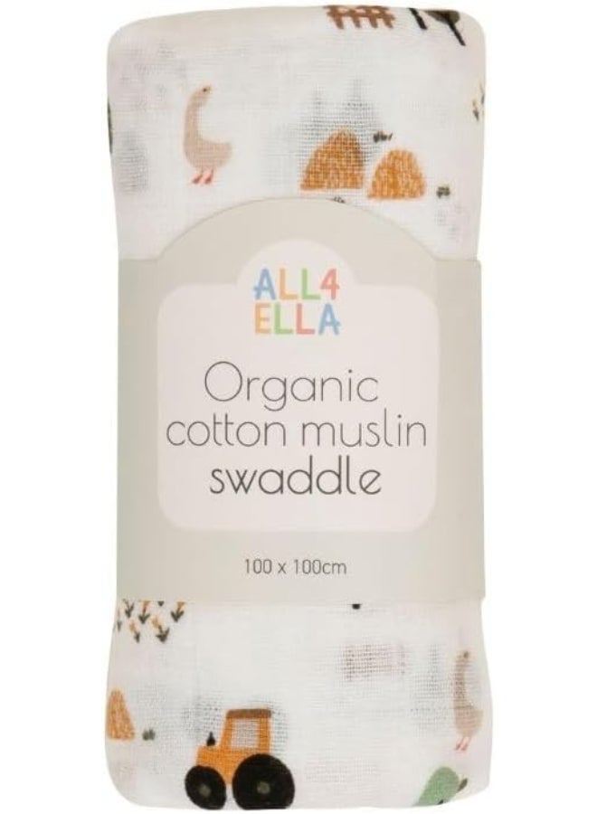 All4Ella Organic Cotton Muslin Swaddle - Country Farm - Image 1